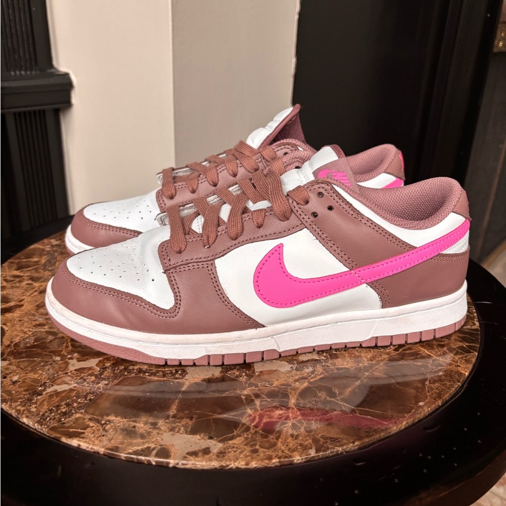 Nike Women’s Low-Top Sneakers in White, Brown, and Bright Pink